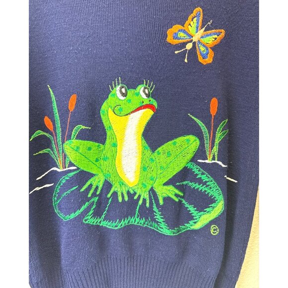 Vintage Cyn Les Shirlee Sweater Womens Size S Blue Retro 1970s Embroidered Frogs - Picture 3 of 12
